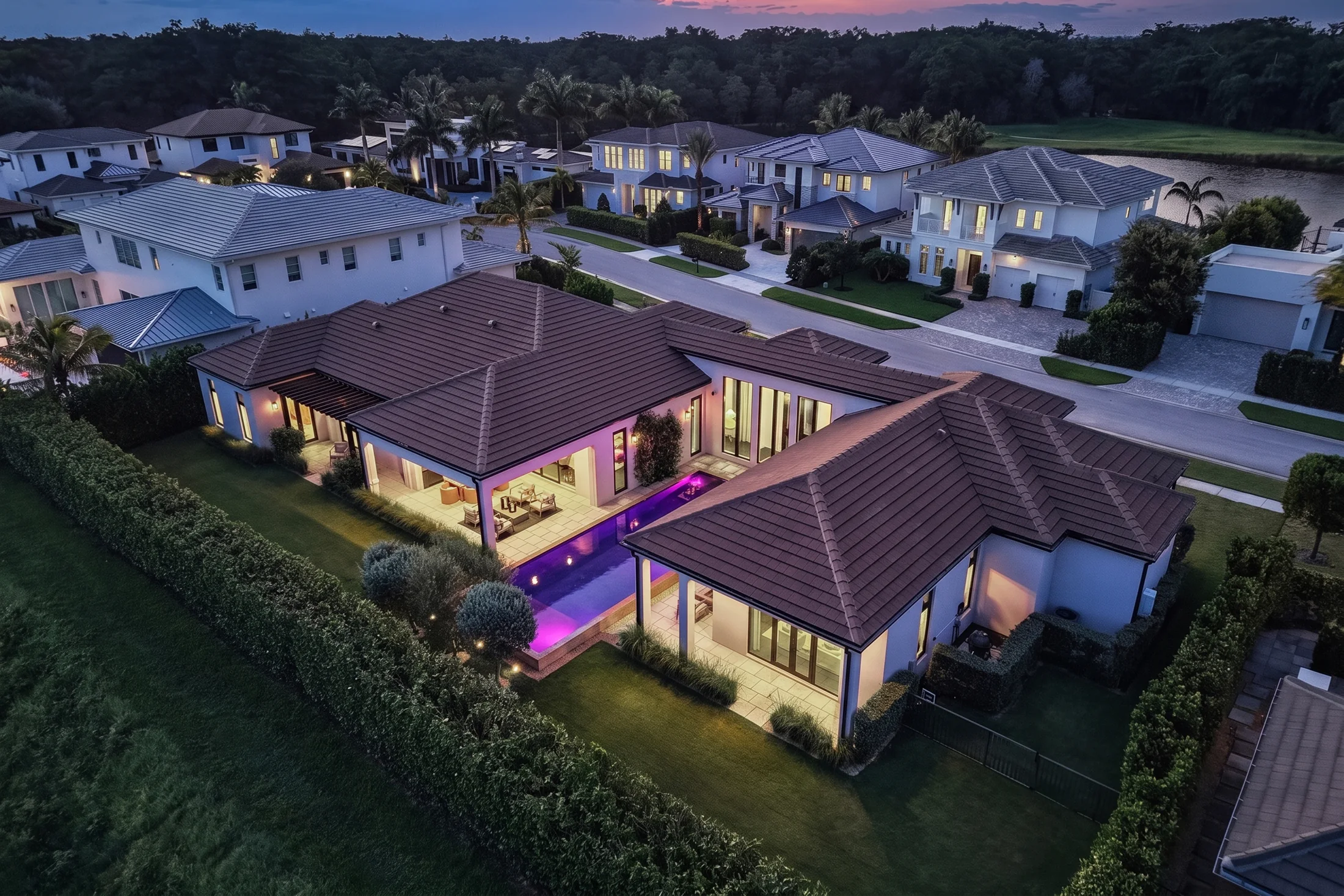 Overhead aerial showing the rare double-lot setting in Blue Cypress